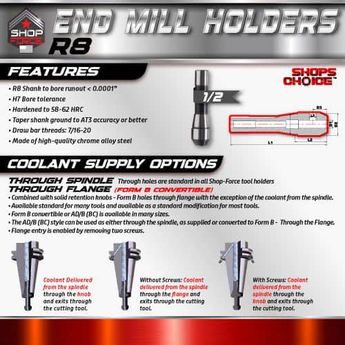 R8 end mill holders for CNC machining, with high precision, H7 bore tolerance, and chrome alloy steel construction for durability. Suitable for tool change accuracy from 7/16 to 1/2 inch.
