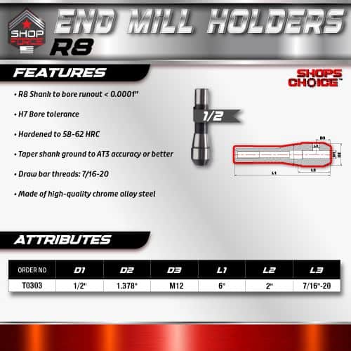 R8 end mill holder for precise machining, made of durable chrome alloy steel, with high accuracy and Taper shank ground to AT3 standards for CNC milling applications.