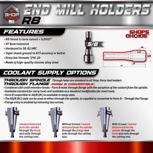 High-quality end mill holder R8 for precise CNC machining, featuring H7 bore tolerance, 58-62 HRC tapered shank for accuracy, and durable chrome alloy steel construction.