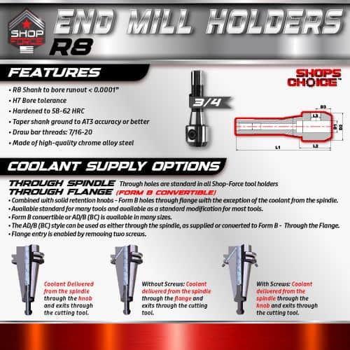 R8 End Mill Holders, high-precision CNC tool holders, compatible with H7 bore tolerance and 3/4 inch shank, made of durable chrome alloy steel for accurate machining and reliable performance.