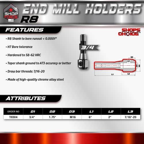 R8 end mill holder for CNC milling machines, high-precision tool made of durable chrome alloy steel, optimized for fast, accurate machining and strict bore tolerance.