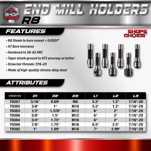R8 End Mill Holders for precise industrial machining, made from high-quality chrome alloy steel, with features like H7 bore tolerance and hardened to 58-62 HRC for durability and accuracy.