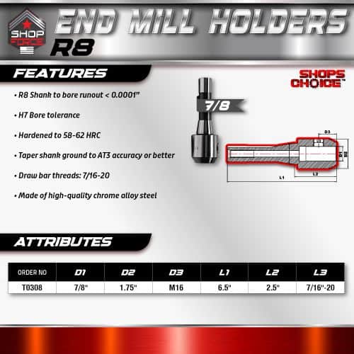 End mill holder R8 with high precision, hardened steel, and high-quality chrome alloy for durable machining; ideal for CNC milling and tool fitting.