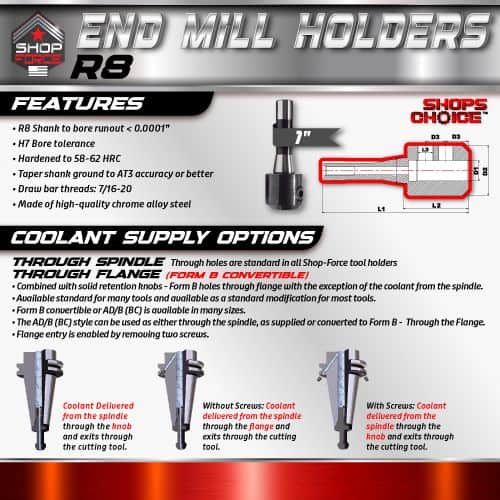 R8 End Mill Holder for CNC Machines with high-precision clamping and high-quality chrome alloy steel construction, compatible with H7 bore tolerance and optimized for accurate machining.