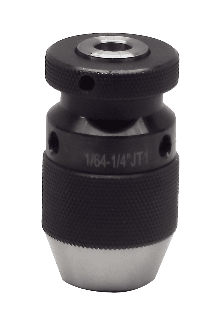 High-quality black drill chuck with precise grip and durable build for woodworking and power tools. Suitable for 1/4" to 1/4" JT1 bit shanks, ensuring secure tool operation.