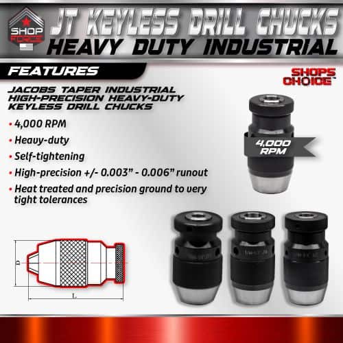4. High-precision heavy-duty keyless drill chucks with 4000 RPM, self-tightening feature, and heat-treated ground for industrial drilling applications.