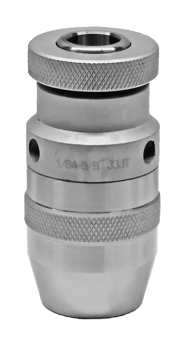 16-4-3/8" 33J industrial coupling connector for hydraulic and pneumatic systems, durable metal construction with knurled surface for grip, designed for secure quick connect and disconnect.