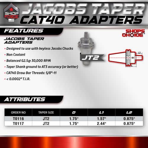 Jacobs Taper CAT40 Adapters for CNC machines, featuring non-coolant design, balanced G2.5@30,000 RPM, and precise AT3 accuracy. Compatible with keyless Jacobs chucks, ideal for high-precision machining.