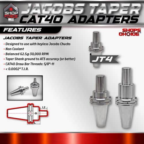 Jacobs Taper Adapters for CNC machines, precision tool holders, and accessory upgrades, featuring high accuracy, durable construction, and compatibility with CAT40 draw bar threads for professional machining applications.