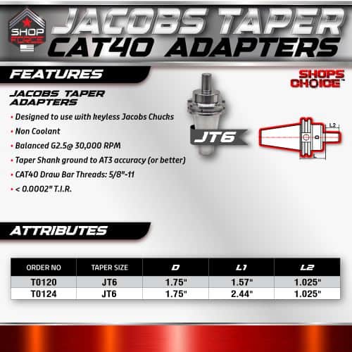 Jacob's Taper Adapter for CNC machines, compatible with keyless Jacobs Chucks, non-coolant, balanced at 30,000 RPM, with precise AT3 accuracy and CAT40 threads, ideal for high-speed machining and tooling precision.