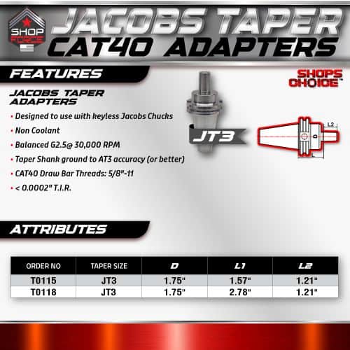 JT3 Jacobs Taper Adapter for keyless Jacobs Chucks, designed for precision machining, non-coolant, balanced at G2.5@30,000 RPM, with detailed specifications including size and thread dimensions.