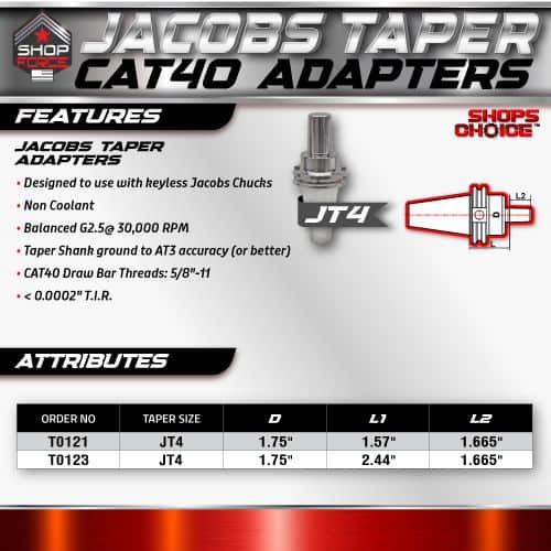 Jacob's Taper Adapter for keyless Jacobs Chucks, designed for precision machining, non-coolant use, and balanced for high RPM. Compatible with CAT40 drawbar threads, ensuring accuracy and durability.