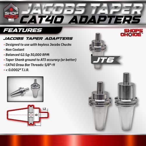 Jacobs Taper Cato Adapters for machining and tool holding, high precision, non-coolant, balanced G2.5, tapered shank to AT3 accuracy, compatible with Hayes Jacobs Chucks, featuring CAT40 drawbar threads.