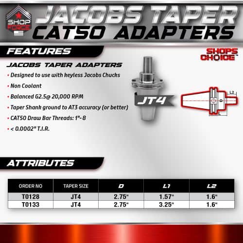 Jacobs Taper CAT50 Adapters for CNC machines, precision tool holders for high-performance machining, compatible with JT4 and JT4 tapers, designed for industrial manufacturing.