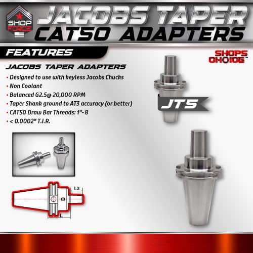 Jacobs Taper CAT50 Adapters for CNC Machines, features high-precision, non-coolant, balanced at G2.5, with ground taper shank for AT3 accuracy and CAT50 drawbar threads for reliable tool holding.
