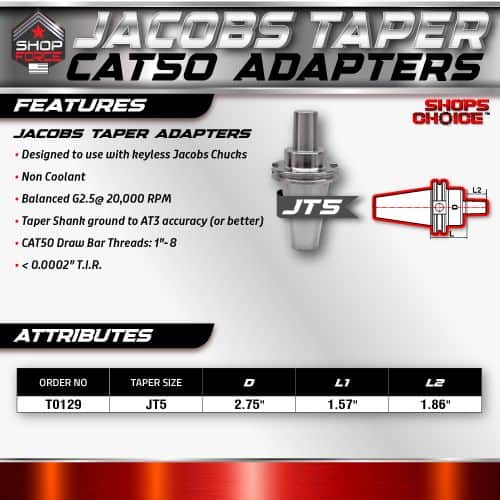 Jacobs Taper Adapter for automotive and performance applications, precision-machined CJaps, non-coolant, balanced G2.5 20,000 RPM, accurate taper shank, CAT50 drawbar threads, compatible with high-performance CNC machines.