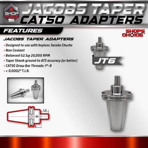 Jacobs Taper CAT50 adapters for CNC machine tools, designed for precise fitting, non-coolant, balanced G2.5 for 20,000 RPM, ideal for accurate machining and tool holding.