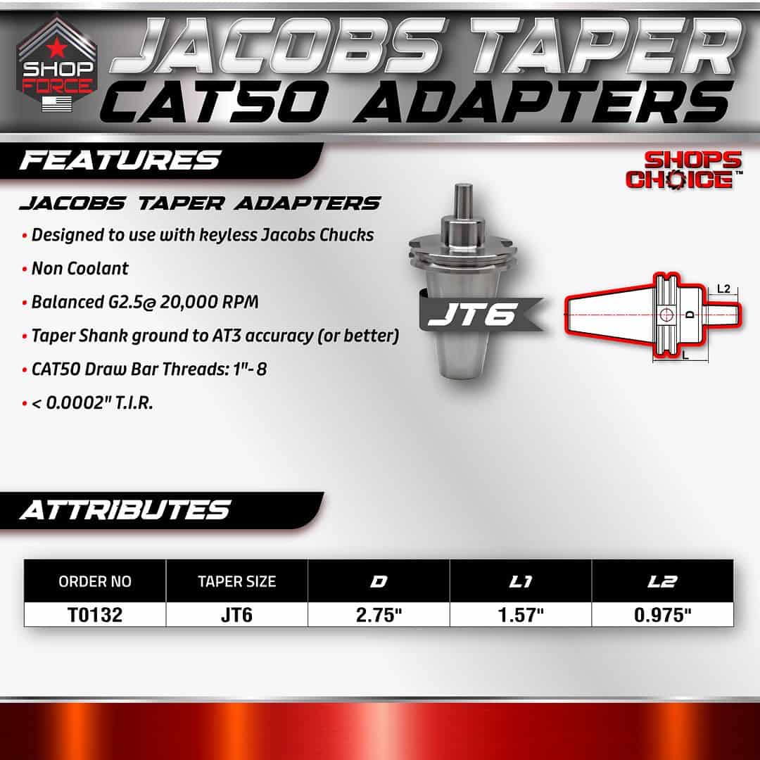 High-performance Jacobs Taper Adapters for keyless Jacobs Chucks, non-coolant, balanced G2.5 at 20,000 RPM, with CAT50 drawbar threads for precise machining and tool compatibility.