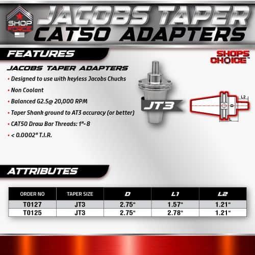 Jacobs Taper Adapters for CNC machining, compatible with Taylor Jacobs Chuck, non-coolant design, balanced G2.5 @ 20,000 RPM, precise TIR under 0.0002”, fits CAT50 drawbar threads 1"-8".