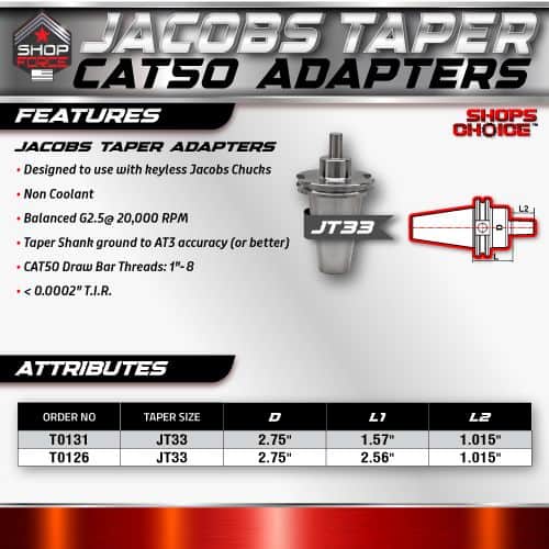 Jacob's Taper Adapters for Cat50 machines, durable and non-coolant, featuring balanced G2.5a 20,000 RPM, precise taper stance around AT3, with CAT50 draw bar threads, ideal for machining and tooling applications.