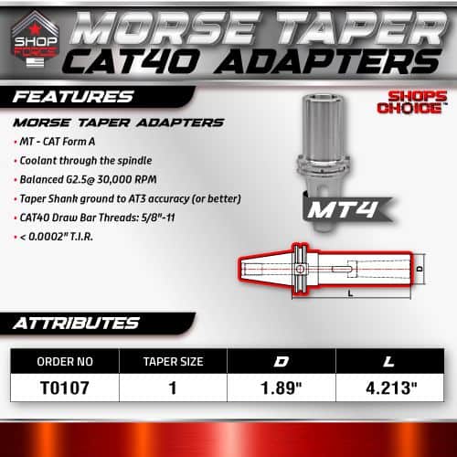 Morse Taper Adapter for CAT40 spindles, precision tool for CNC machines, features coolant through spindle, balanced G2.5 at 30,000 RPM, grounded for accurate taper shank, with drawbar threads.