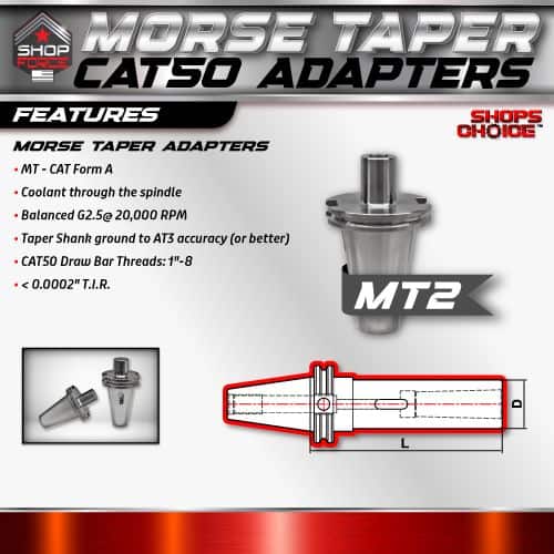 MT2 Morse Taper Adapters for CNC and machining tools, high precision, coolant through spindle, balanced G2.5, 20,000 RPM, CAT50 drawbar threads, ideal for industrial manufacturing.