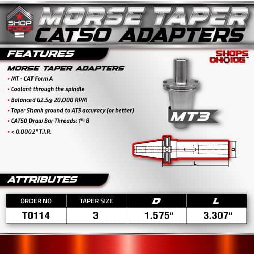 Morse Taper Cat50 Adapters for machining and tool holding, with coolant through spindle and precise AT3 accuracy, compatible with G2.5 RPM, featuring CAT50 Draw Bar Threads and high T.I.R. accuracy.