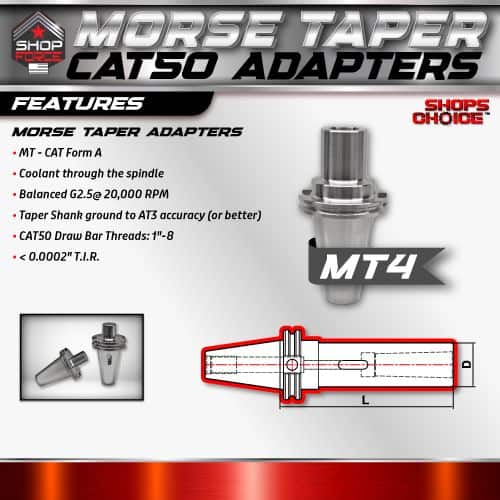 Morse Taper CAT50 Adapter for CNC machines, featuring coolant through spindle and balanced G2.5 at 20,000 RPM, ideal for precise tooling and high-speed machining.