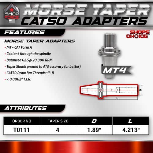 MT4 Morse Taper Adapters for Cat50, precision machine tool accessories, coolant-through spindle, balanced for high-speed accuracy, compatible with CAT50 draw bar threads.