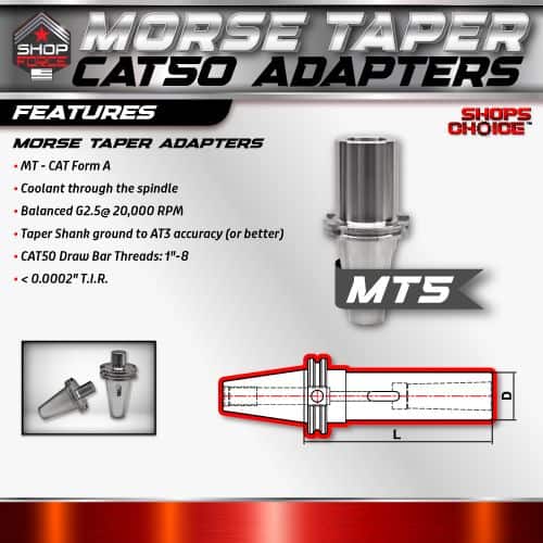 Morse Taper CAT50 adapters for CNC machining, precision tool holder for high-speed applications, features balanced G2.5 20,000 RPM, and CAT50 drawbar threads 1-8 for professional machining needs.