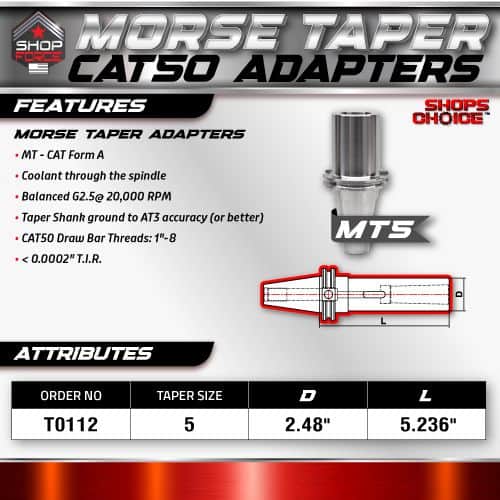 Morse Taper Adapter for CNC Machines, CAT50 to Morse Taper, with coolant through spindle and balanced G2.5 at 20,000 RPM, ideal for precision machining.