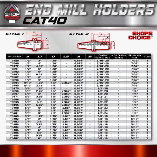 6. Durable end mill holder with adjustable clamp sizes for precise machining - Shop Force CAT40 tools for optimal performance.