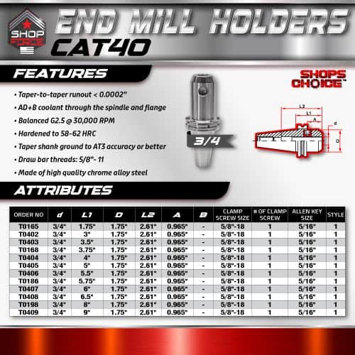 End mill holders catalog by Shop Force, featuring high-precision taper-to-taper runout less than 0.0002 inches, balanced G2.5 at 30,000 RPM, and made of high-quality chrome alloy steel for durability and accuracy.