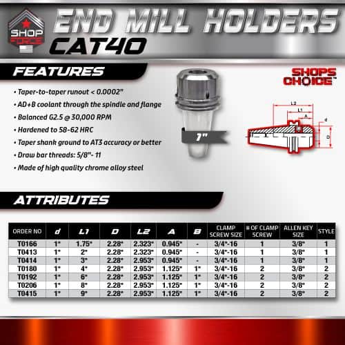 End Mill Holders Catalog with features such as tapered runout, balanced G2.5 at 30,000 RPM, hardened steel construction, and compatibility with AT3 accuracy, ideal for precise machining applications.
