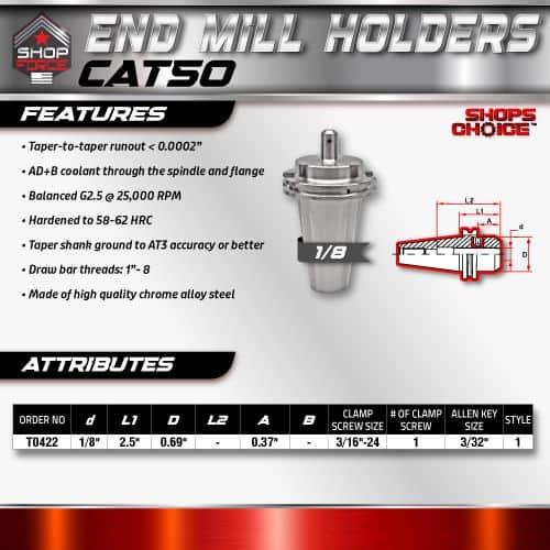 End mill holders CAT50 for precision machining, featuring tapered design, coolant-through capability, high strength chrome alloy steel, and compatible with 1/8" to 3/32" shank sizes.