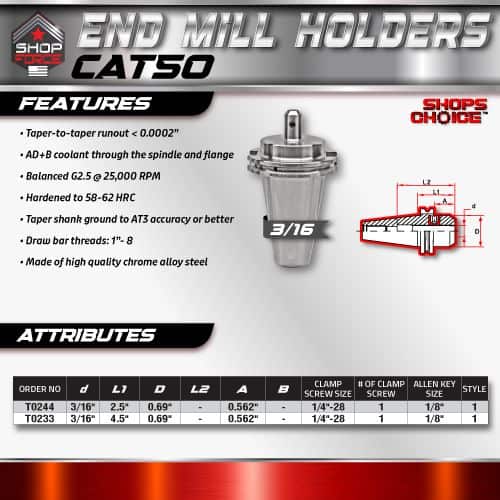End mill holder CAT50 for milling machines with high precision, balanced G2.5 at 25,000 RPM, hardened to HRC 58-62, made of chrome alloy steel, featuring taper-to-taper runout under 0.0002"; ideal for CNC machining.