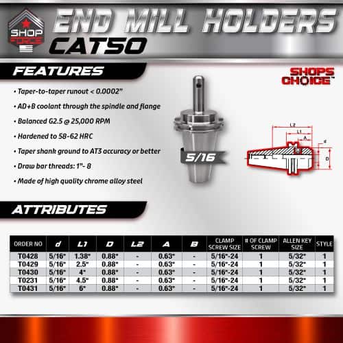 4. High-quality Shop Force CAT50 end mill holders with precision engineering, durable chrome alloy steel, and balanced G2.5 at 25,000 RPM, designed for accurate machining and compatibility with various tools.