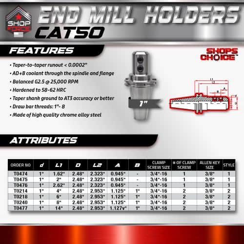 7-inch end mill holder with high precision and balanced G2.5 at 25,000 RPM, featuring Taper-shank ground, chrome alloy steel, and designed for accurate machining applications.