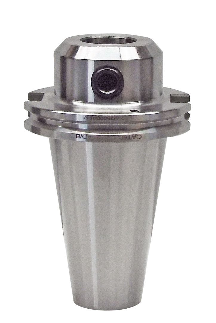 High-precision CNC machine tool holder connected to a spindle, made of durable steel for manufacturing and machining applications.