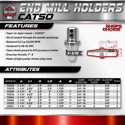 End mill holders CAT50 for precise machining, featuring taper-to-taper runout, coolant through spindle, and high-speed hardened steel construction. Ideal for CNC and metalworking applications.