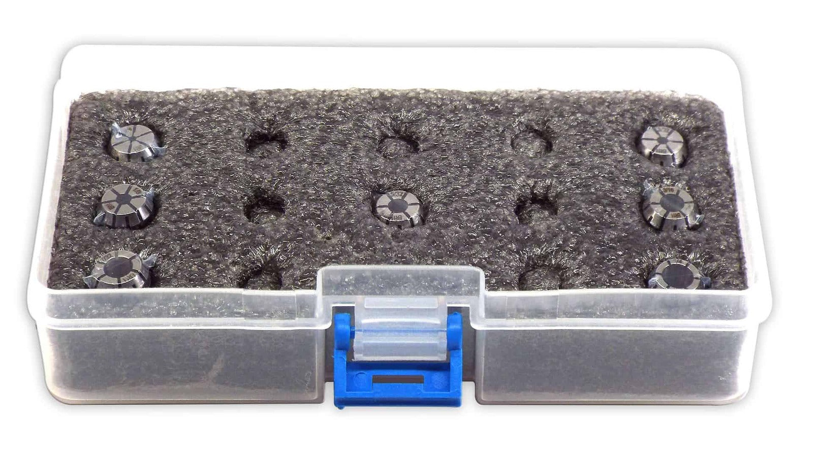 Precision machine tool accessories with adjustable dials in a storage box for machining and manufacturing.
