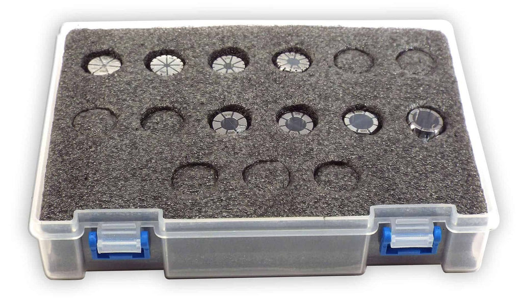 Precision watch bezel removal tool set in foam storage case, ideal for watchmakers and jewelry repair, featuring multiple sizes of bezels and movement spacers for watch maintenance.