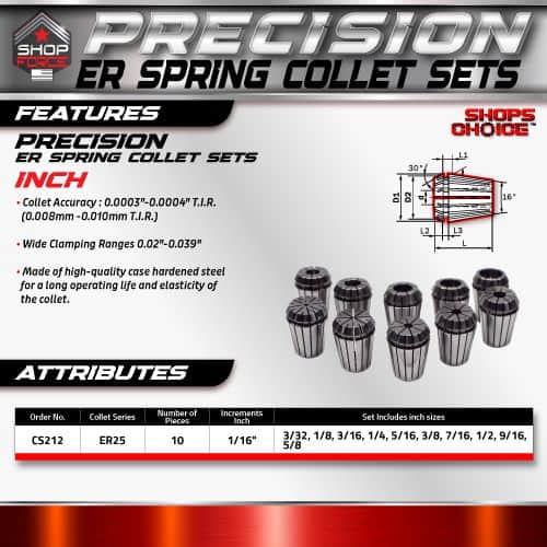 Precision ER Spring Collet Sets for machining and tool holding, featuring high-quality hardened steel and precise inch sizes. Ideal for CNC machines, lathes, and milling operations. Shop now for reliable, durable collets.