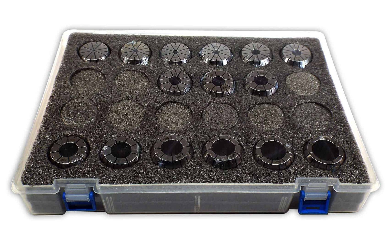 Precision knob set for audio equipment or studio mixing, black plastic dials with markings, organized in foam insert for protection and easy access, ideal for professional audio gear and control panels.