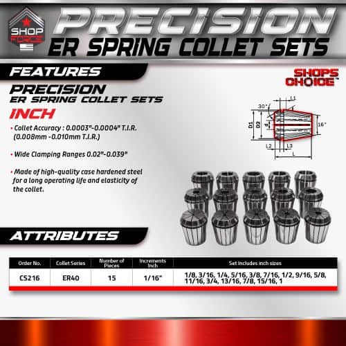 ER spring collet sets for precision machining, made with hardened steel, offering reliable clamping and long-lasting performance in various inch sizes for accurate tool holding.