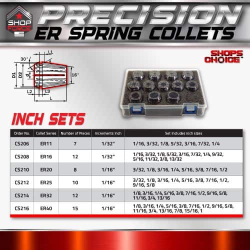 Precision ER spring collets for accurate machining and tooling, available in various sizes and inch sets for industrial use. Ideal for precision workshops and tool holders.