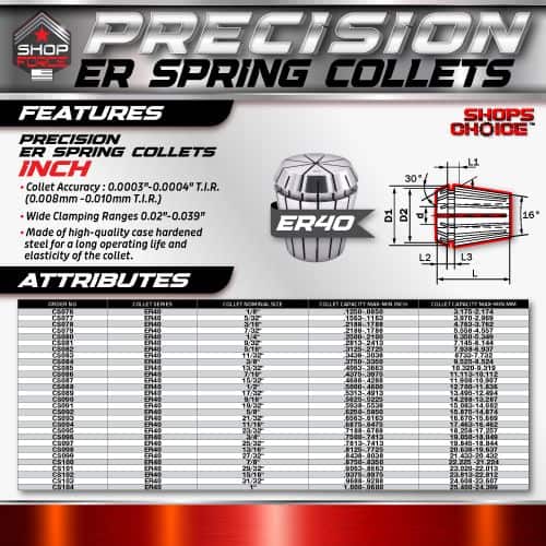 ER40 precision ER spring collets for machining, featuring high accuracy, wide clamping ranges, and durable high-quality construction, ideal for precise tool holding and industrial applications.