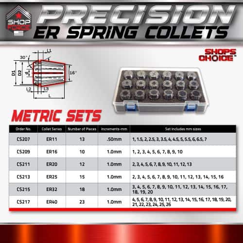 50mm metric screw set with precision ER and ER series spring collets for machine tooling and industrial applications. Includes multiple sizes in a clear storage case for convenience.