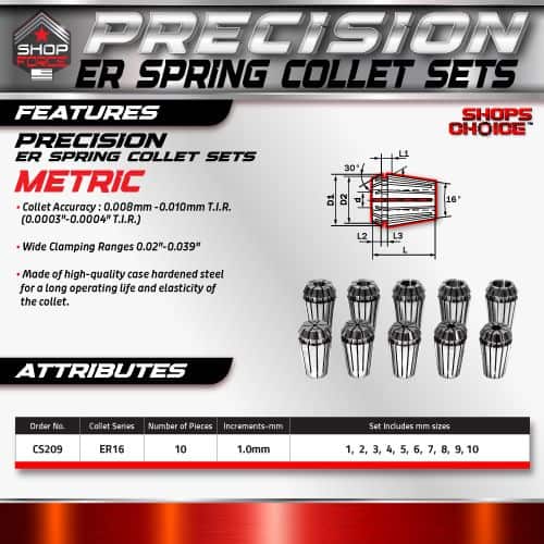 Precision ER spring collet set for machining and tool holding applications, featuring high accuracy, wide clamping ranges, and durable steel construction for long-lasting performance.