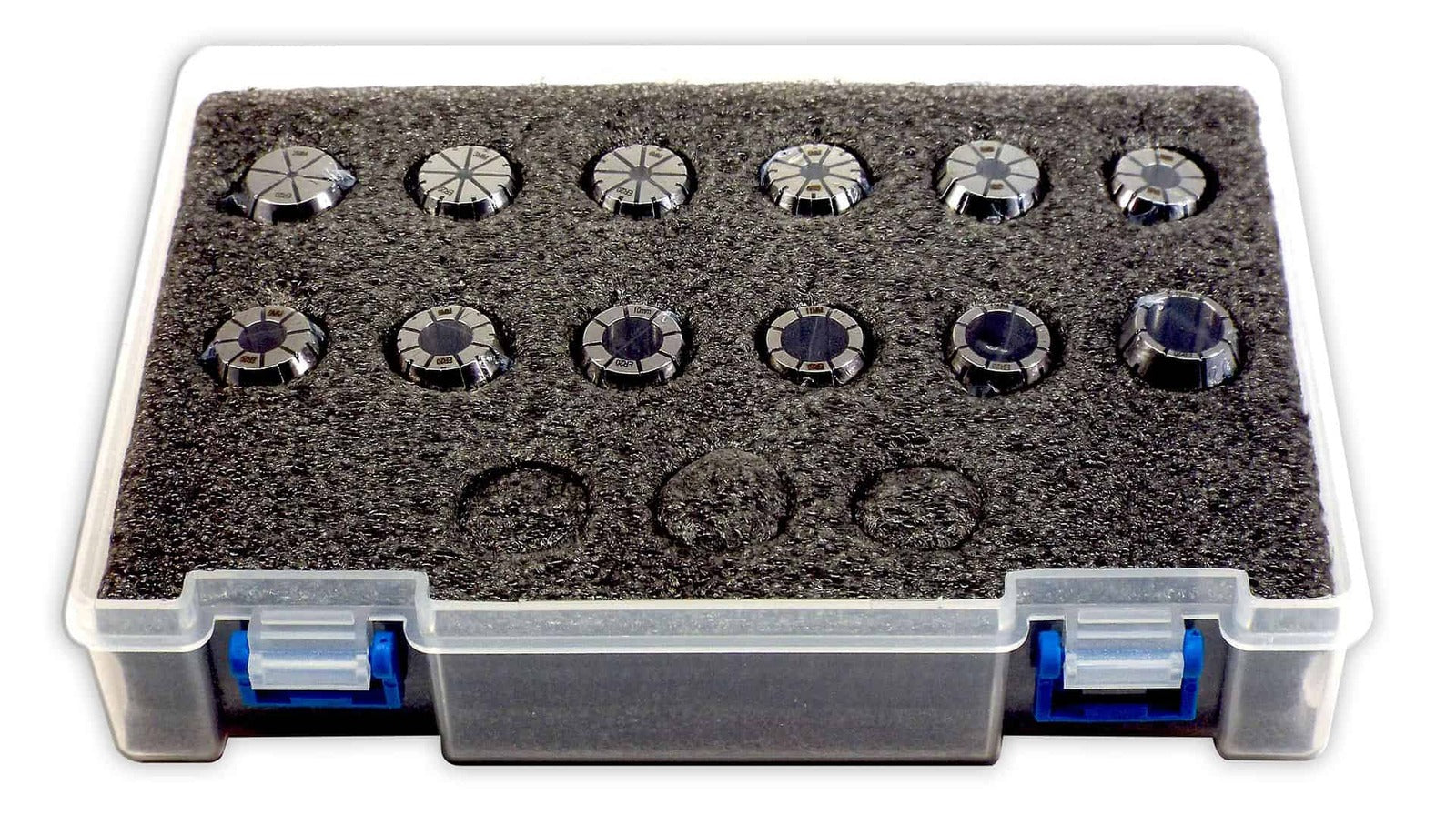 Precision colorful dial knobs for mechanical watches, presented on foam cushioning in clear plastic storage box. Ideal for watchmaking, repair, or customization.